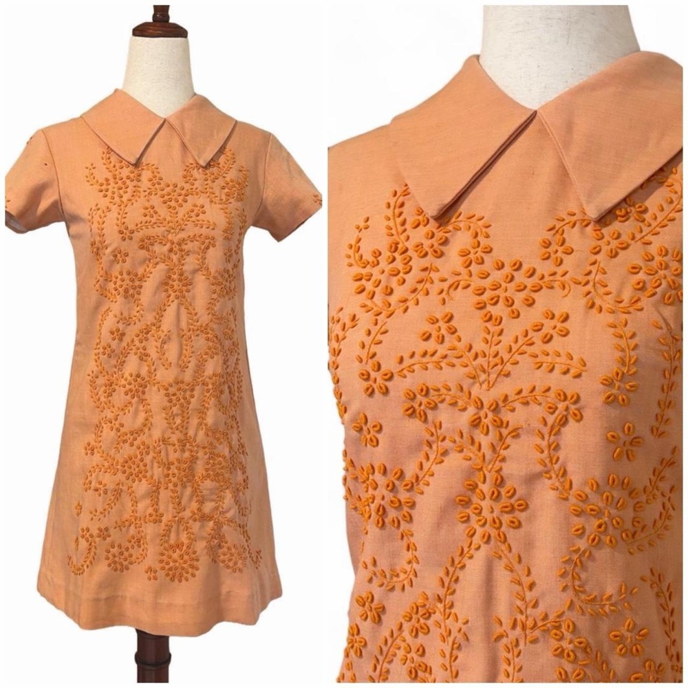 Vintage 60s Peach Embroidered Collar Mod Mini Dress